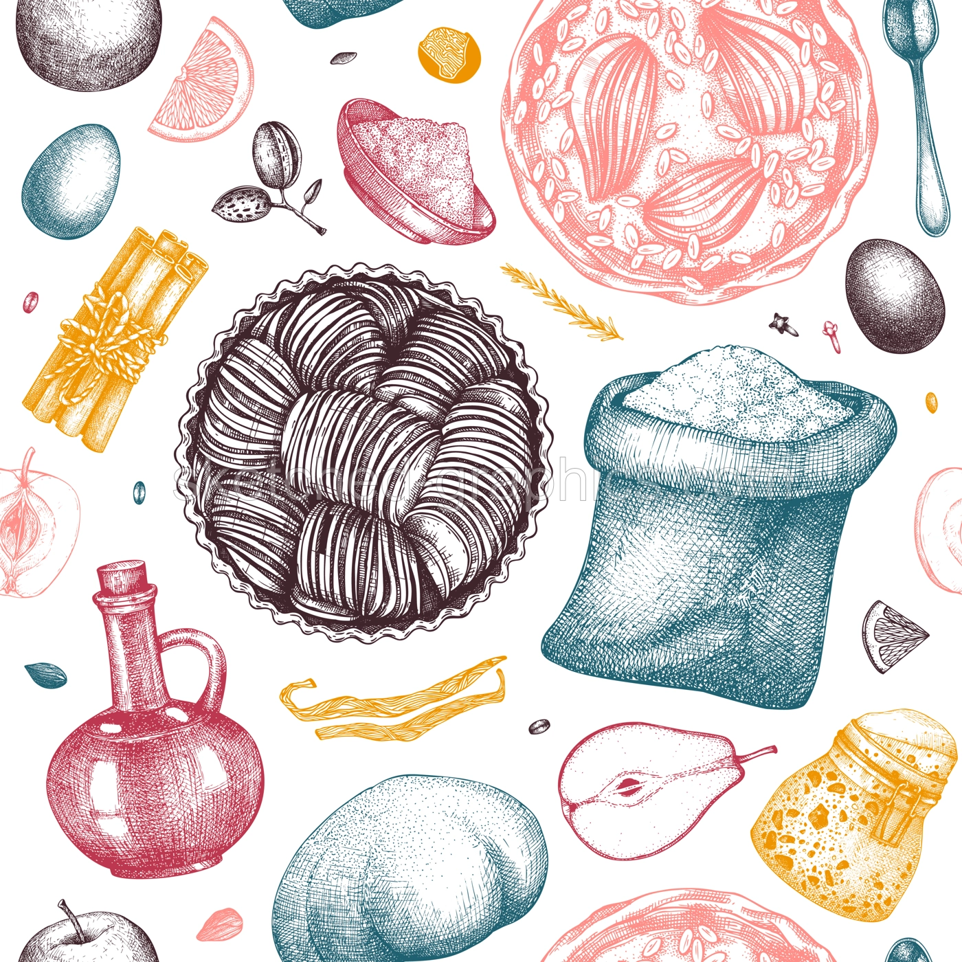 Fruits cakes cooking process background. Seamless pattern with hand drawn baking cakes, pies, dough, kitchen stuff, ingredients. For Cooking at home, step-by-step recipes or online cooking classes Illustration